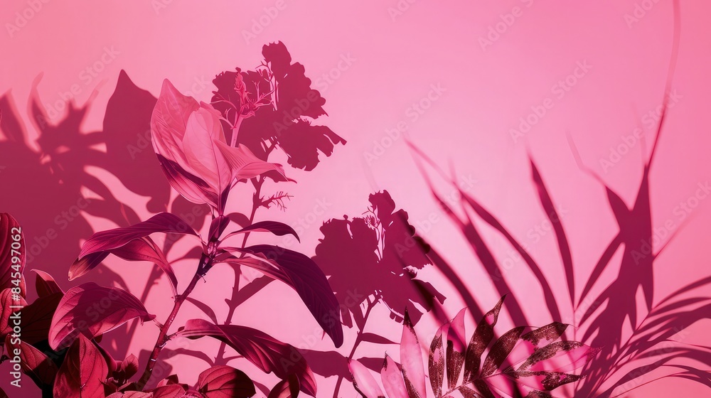 A bold pink gradient studio with the exaggerated shadows of tropical plants and flowers, creating a dynamic and striking background for avant-garde fashion or artistic products. A bold pink gradient studio with the exaggerated shadows of tropical plants and flowers, creating a dynamic and striking background for avant-garde fashion or artistic products.