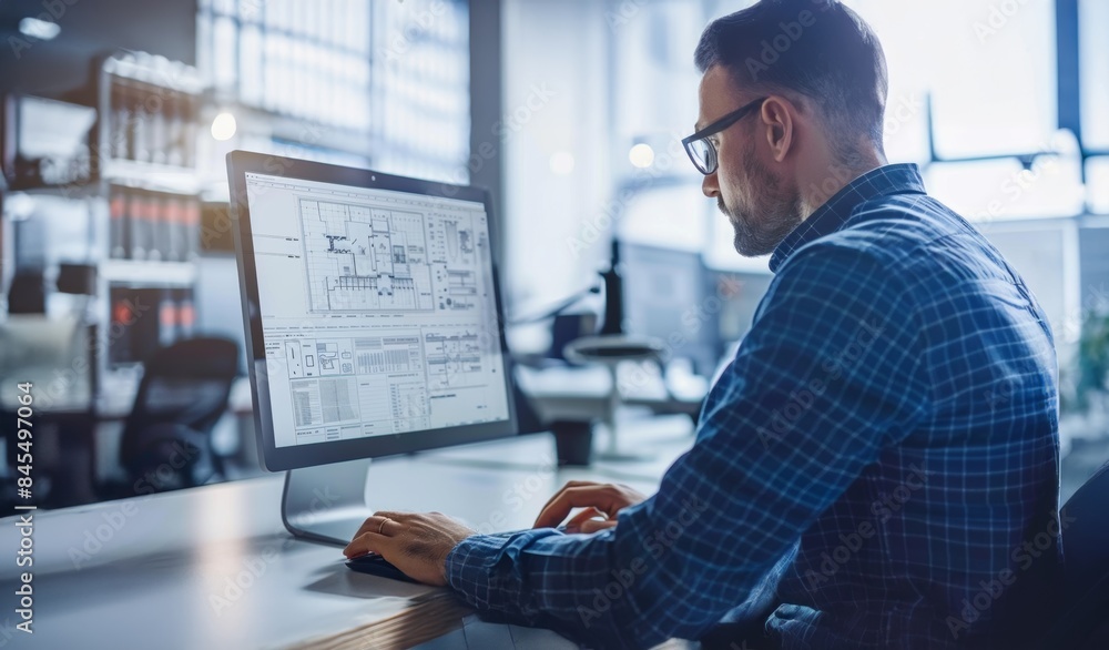 Architect working on computer with CAD software in modern office Architect working on computer with CAD software in modern office