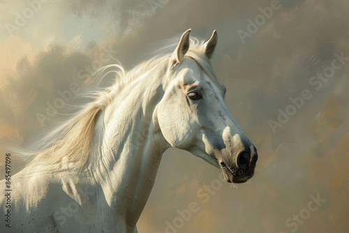 Elegant white Arabian horse with detailed headshot, showcasing its ethereal beauty against textured, cloudy background. sleek coat and gentle eyes, hyper realistic portrait of Arabian horse photo