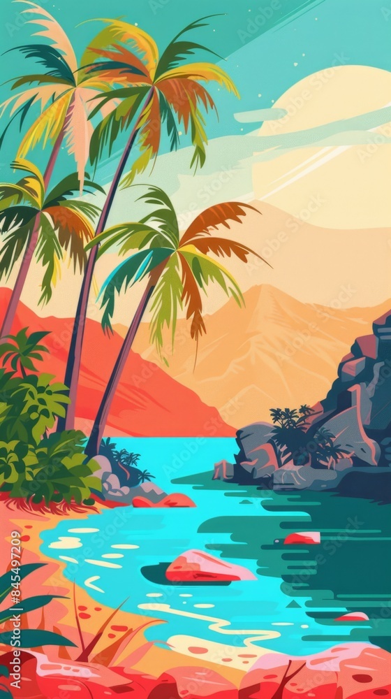 Obraz premium A vibrant desert oasis in pop art style, lush palm trees, turquoise water, simplified shapes