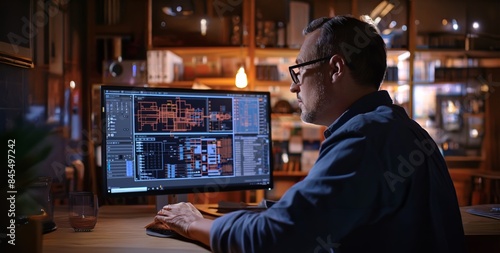 Engineer using CAD software on computer at night