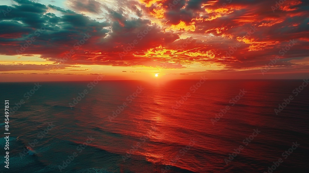 Fototapeta premium Aerial shot of a vibrant sunset over a vast ocean, with dramatic clouds ablaze with color