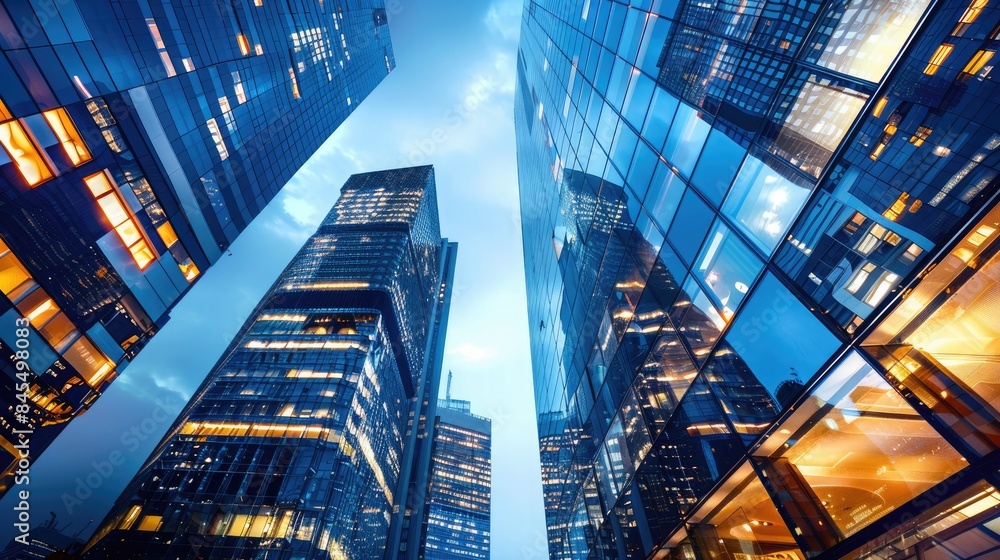 Fototapeta premium Business and Economy Skyscrapers and reflective glass curtain walls Create an atmosphere of success and organizational growth