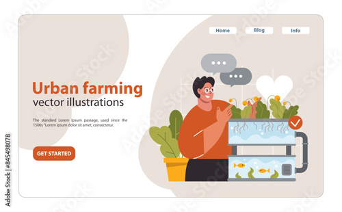 Man proudly presents an aquaponics system at home. Flat vector illustration.