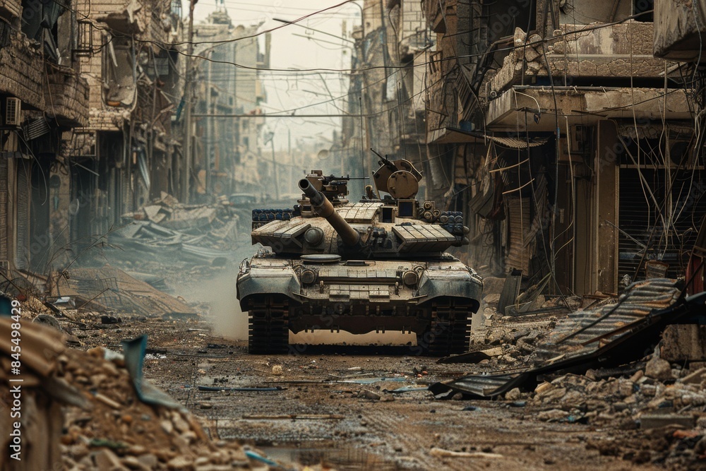 An Military tank M1 Abrams cautiously navigating a maze of rubble-strewn streets in a war-torn city An Military tank M1 Abrams cautiously navigating a maze of rubble-strewn streets in a war-torn city