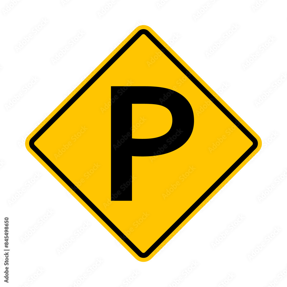 Parking sign. Places where car parking is permitted. The parking sign helps drivers find parking zones. Diamond road sign. Rhombus road sign. Warning yellow road sign. Parking sign. Places where car parking is permitted. The parking sign helps drivers find parking zones. Diamond road sign. Rhombus road sign. Warning yellow road sign.