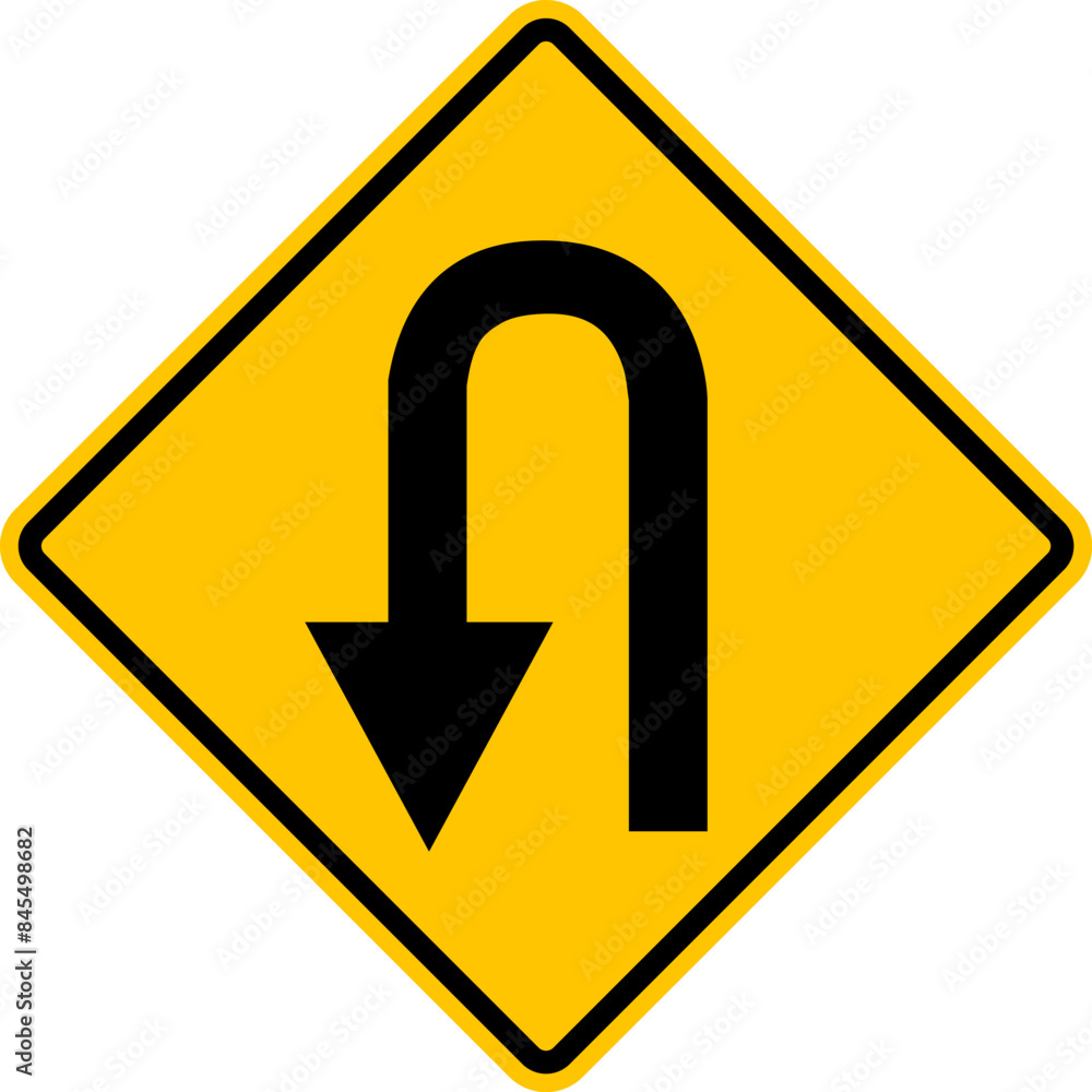 Turn left. Sign U turn. Warning yellow road sign. There is a turnaround area ahead. Diamond road sign. Rhombus road sign. Turn left. Sign U turn. Warning yellow road sign. There is a turnaround area ahead. Diamond road sign. Rhombus road sign.