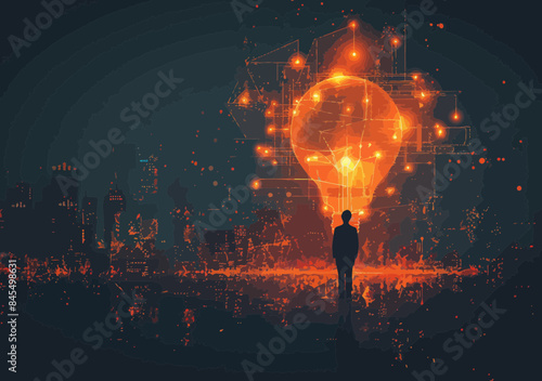 Silhouette of Businessperson Contemplating Innovative Idea in Futuristic Cityscape with Glowing Light Bulb Concept