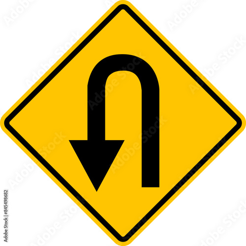 Turn left. Sign U turn. Warning yellow road sign. There is a turnaround area ahead. Diamond road sign. Rhombus road sign.