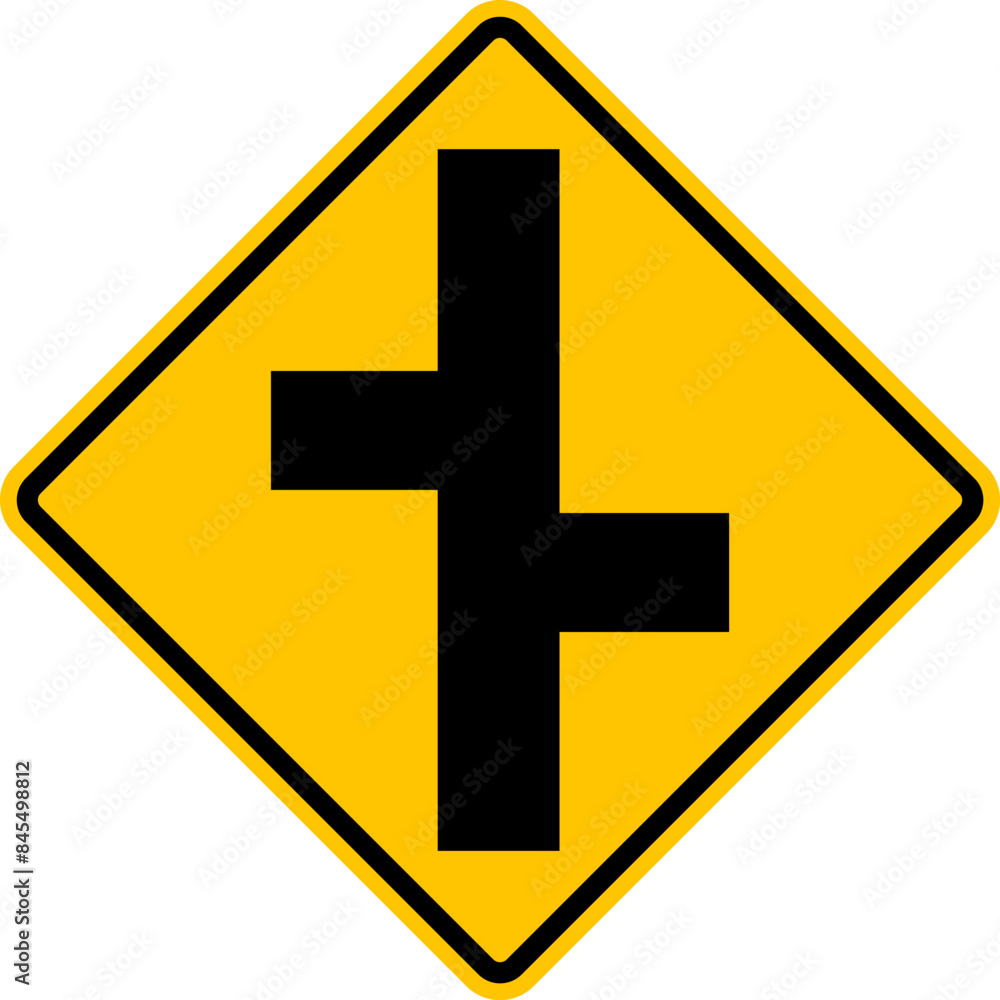Unregulated intersection with an adjacent road. On both sides. Road merge sign. Road junction. A junction where one street or road intersects another. Diamond road sign. Warning yellow road sign. Unregulated intersection with an adjacent road. On both sides. Road merge sign. Road junction. A junction where one street or road intersects another. Diamond road sign. Warning yellow road sign.