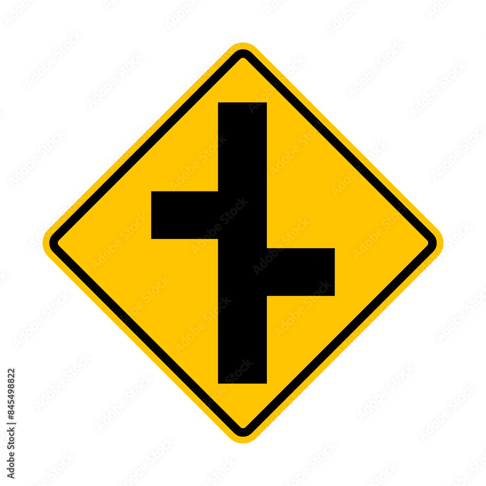 Unregulated intersection with an adjacent road. On both sides. Road merge sign. Road junction. A junction where one street or road intersects another. Diamond road sign. Warning yellow road sign. Unregulated intersection with an adjacent road. On both sides. Road merge sign. Road junction. A junction where one street or road intersects another. Diamond road sign. Warning yellow road sign.
