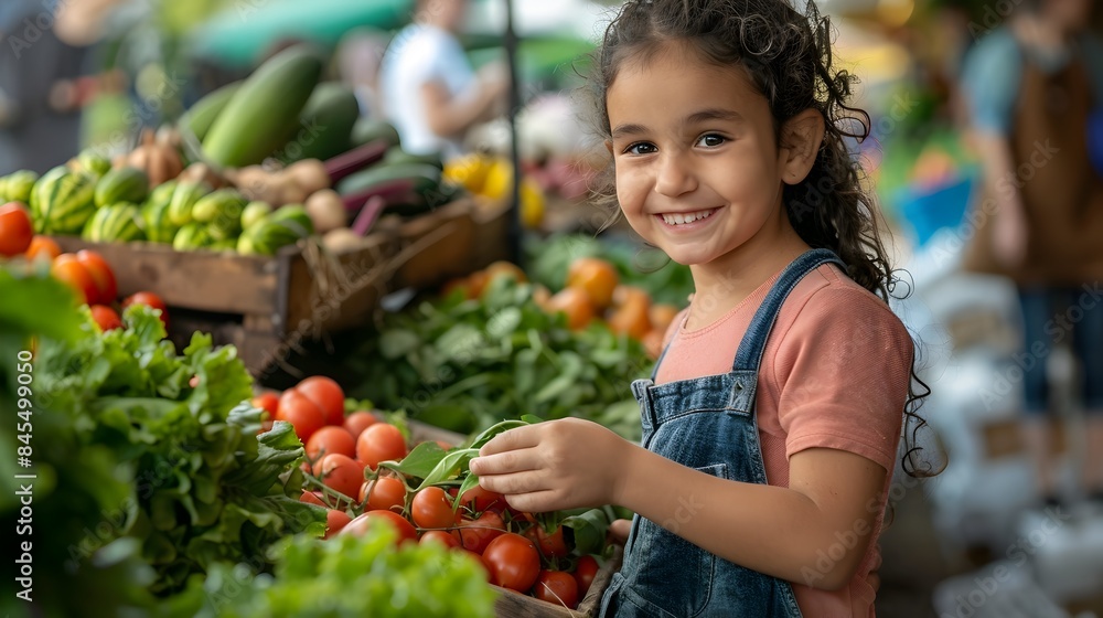 Cheerful Young Girl Picking Fresh Produce at Farmer s Market with Family Cheerful Young Girl Picking Fresh Produce at Farmer s Market with Family