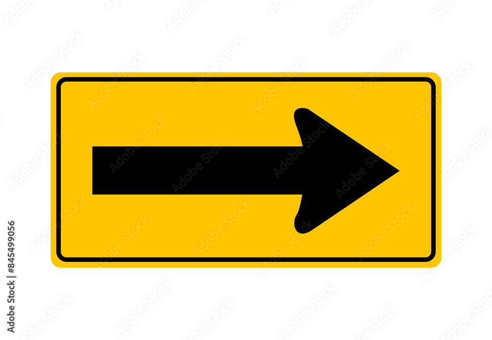 Driving direction sign. The arrow indicates the direction of movement. Permitted directions of movement at intersections, junctions and other sections of the road. Warning yellow road sign. Driving direction sign. The arrow indicates the direction of movement. Permitted directions of movement at intersections, junctions and other sections of the road. Warning yellow road sign.