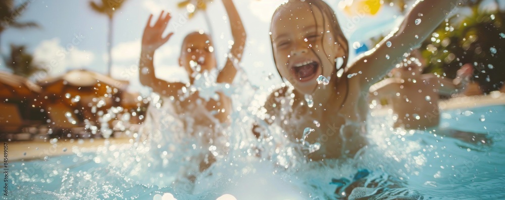 Child splashing water in the pool, summer vacation, fun in the sun ...