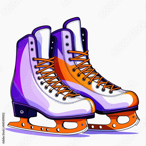 a pair of ice skates with orange and purple laces