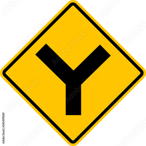 Sign fork the road. Road fork point. The road splits. Warning yellow road sign. Turn left or right. Diamond road sign. Rhombus road sign.