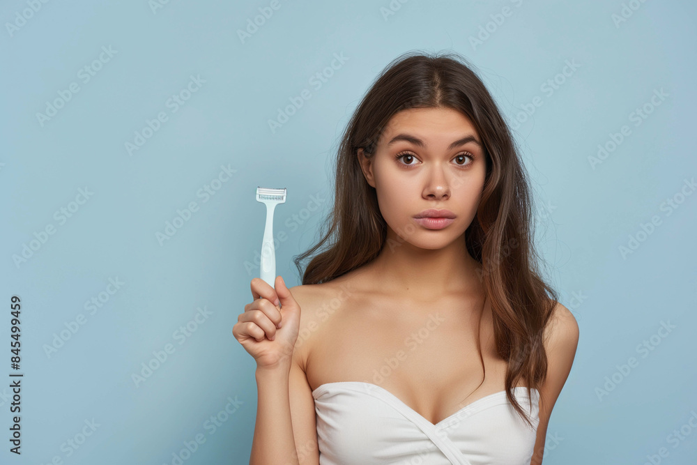 Woman holding razor and showing emotional conflict with razor, standing right in white clothes, hair removal concept Woman holding razor and showing emotional conflict with razor, standing right in white clothes, hair removal concept