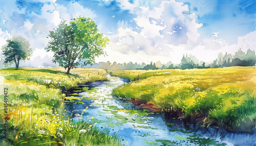 A painting of a field with a river running through it