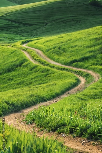 Close-up of a vibrant green meadow with a winding dirt path disappearing into the distance, inviting exploration