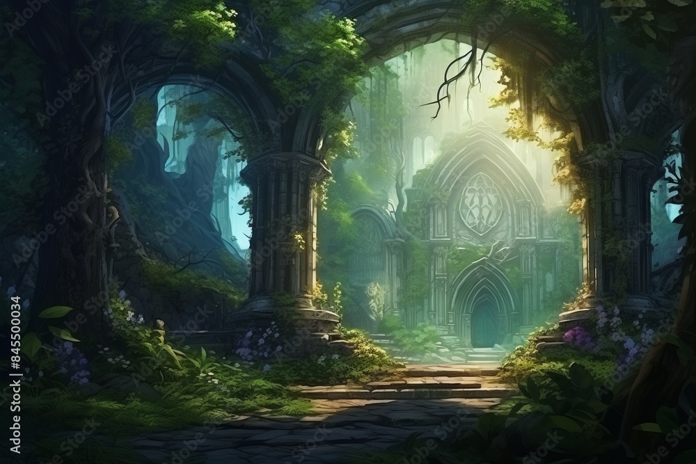 A weathered stone building stands amidst a lush green forest, its windows gaping empty and its walls adorned with moss and vines. A weathered stone building stands amidst a lush green forest, its windows gaping empty and its walls adorned with moss and vines.