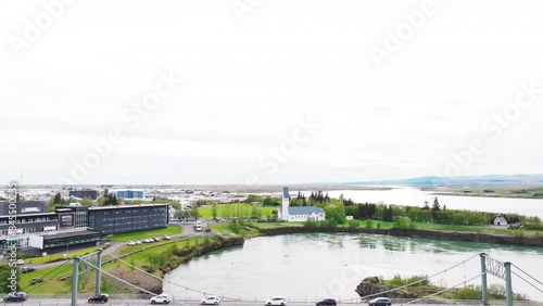 Aerial video over the small town of Selfoss Iceland photo