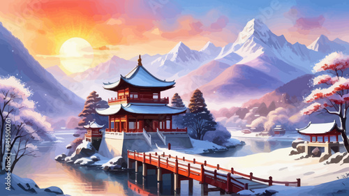 a painting of a snowy landscape with a pagoda