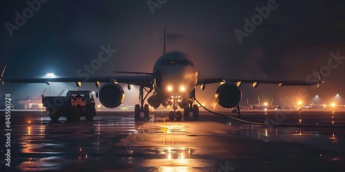 Refueling Aircraft at Night with Tanker Truck Connected to Fuel Hoses. Concept Aerial Refueling, Military Operations, Jet Fuel Supply, Aviation Technology, Nighttime Operations photo