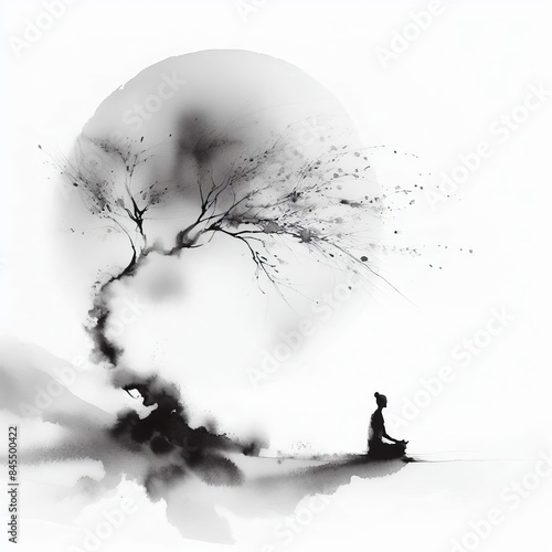 Black and white image of a woman meditating under a tree, symbolizing peace, tranquility, and harmony photo