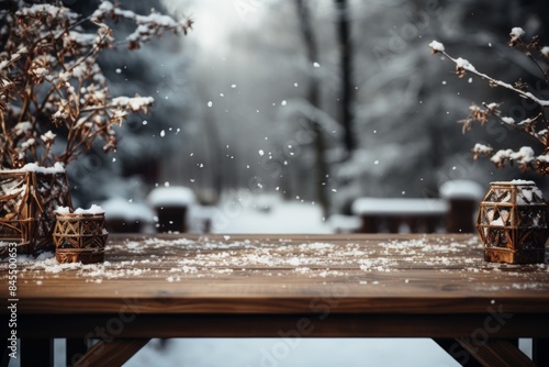 A rustic wooden table duste...