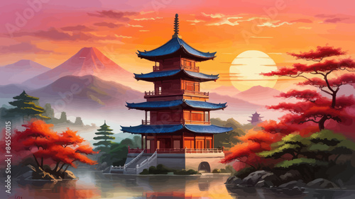 a painting of a pagoda in the middle of a lake