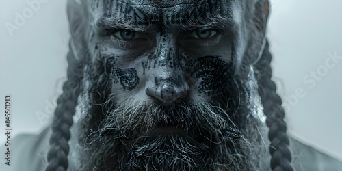 Viking heritage and respect symbolized by a bearded face with two long braids. Concept Norse mythology, Viking culture, Scandinavian heritage, Symbol of respect, Bearded warrior photo