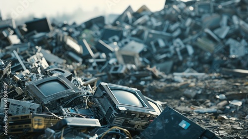 Pile of discarded electronic waste in sunlight