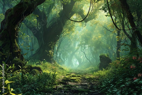 A mystical foggy forest wit...