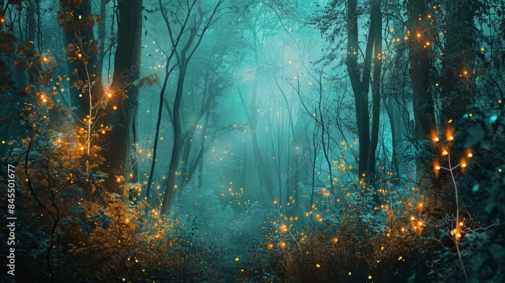 Fototapeta premium A serene forest scene at night with fireflies illuminating the trees.
