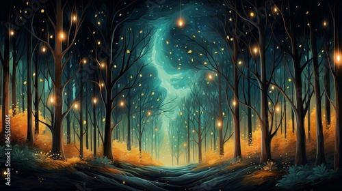 A serene forest scene at ni...