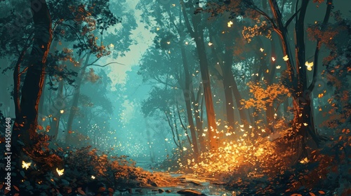A serene forest scene at ni...