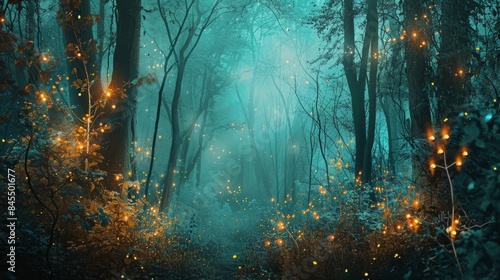 A serene forest scene at night with fireflies illuminating the trees.