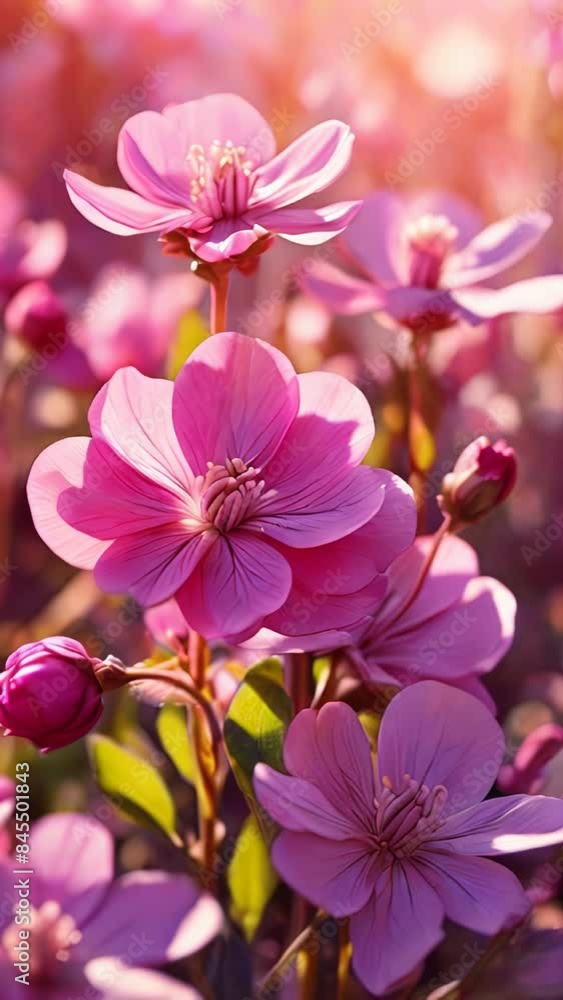 Pink flowers in spring. Sibuzakureya in the rays of the sun. Stunning purple wildflowers bloom in a lush field, bright and colorful. Pink flowers in spring. Sibuzakureya in the rays of the sun. Stunning purple wildflowers bloom in a lush field, bright and colorful.