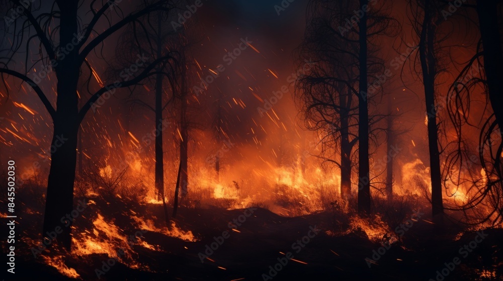 Raging wildfire engulfing a dense forest, with flames leaping from the trees and smoke billowing into the sky. Raging wildfire engulfing a dense forest, with flames leaping from the trees and smoke billowing into the sky.