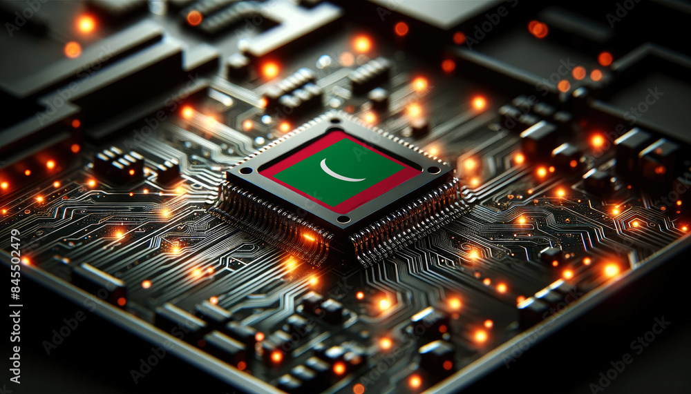 A microchip with the Maldive flag embedded on a circuit board, symbolizing Maldive technological innovation and advancement A microchip with the Maldive flag embedded on a circuit board, symbolizing Maldive technological innovation and advancement