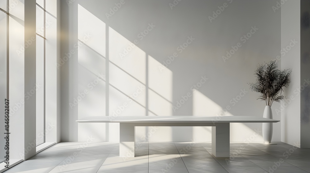 Sleek White Table in Minimalist Room with Soft Natural Lighting Empty Display Concept Sleek White Table in Minimalist Room with Soft Natural Lighting Empty Display Concept