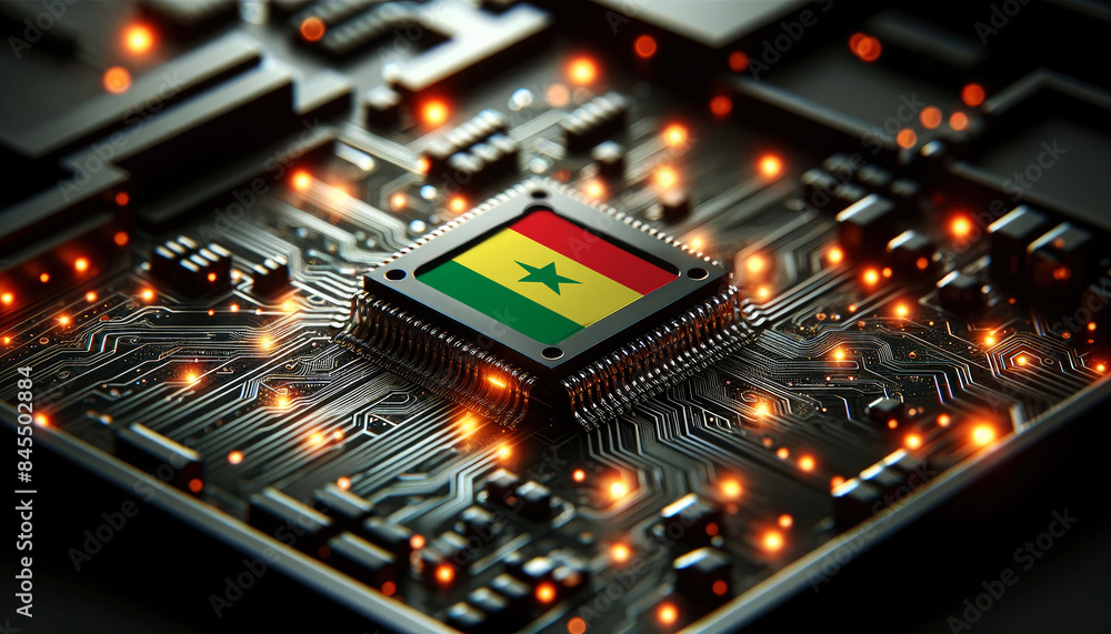 A microchip with the Senegal flag embedded on a circuit board, symbolizing Senegal technological innovation and advancement A microchip with the Senegal flag embedded on a circuit board, symbolizing Senegal technological innovation and advancement
