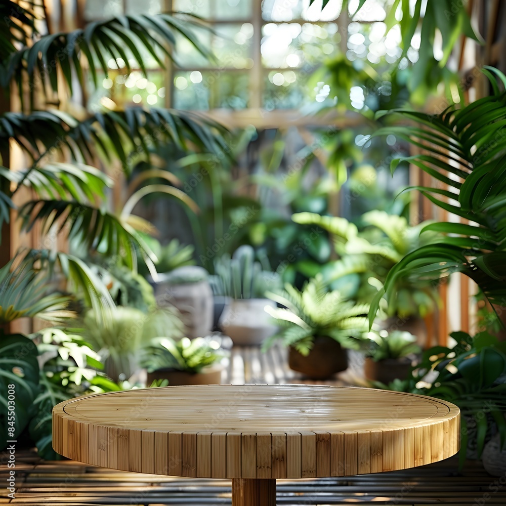 Fototapeta premium Bamboo Table in Lush Green Conservatory Ideal for Eco Friendly Product Display