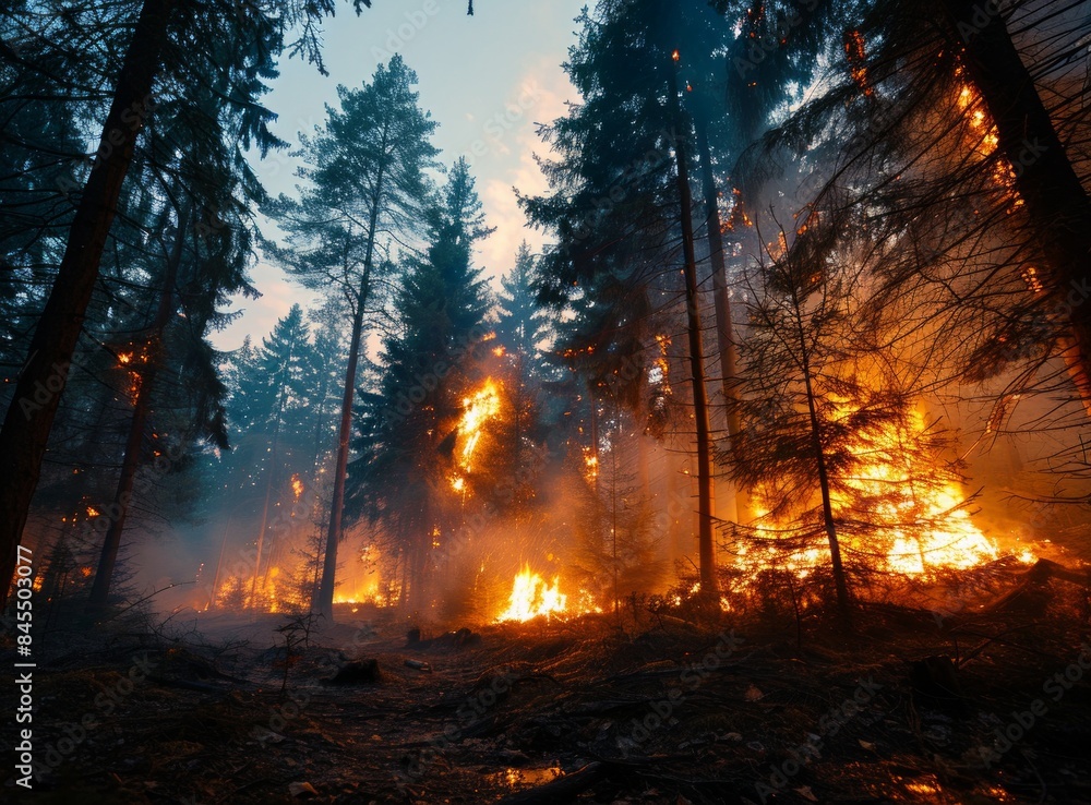 Raging wildfire engulfing a dense forest, with flames leaping from the trees and smoke billowing into the sky. Raging wildfire engulfing a dense forest, with flames leaping from the trees and smoke billowing into the sky.