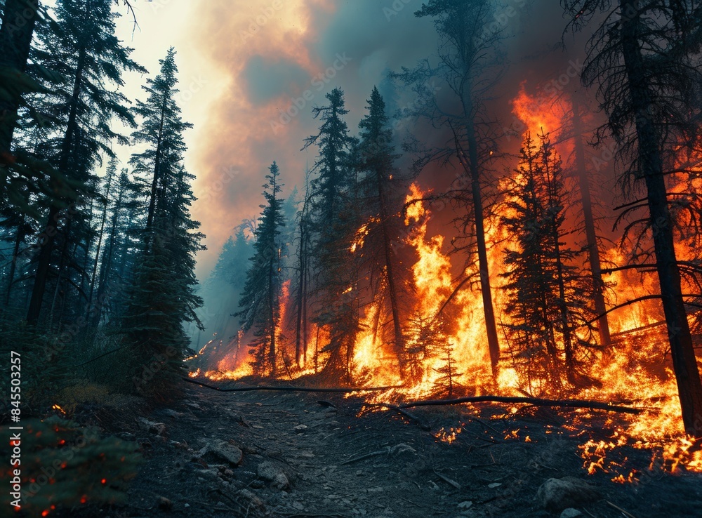 Raging wildfire engulfing a dense forest, with flames leaping from the trees and smoke billowing into the sky. Raging wildfire engulfing a dense forest, with flames leaping from the trees and smoke billowing into the sky.