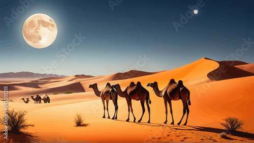 a group of camels walking across a desert under a full moon