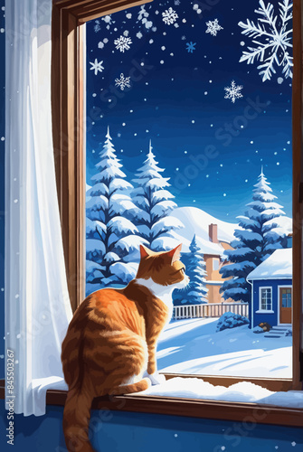 a cat sitting on a window sill looking out a snowy window