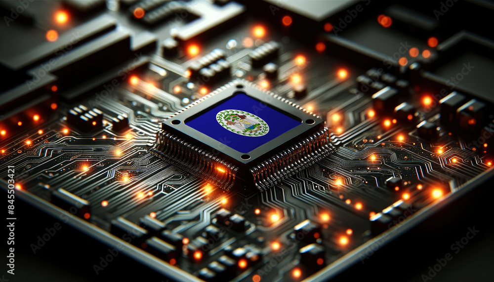 A microchip with the Belize flag embedded on a circuit board, symbolizing Belize technological innovation and advancement A microchip with the Belize flag embedded on a circuit board, symbolizing Belize technological innovation and advancement