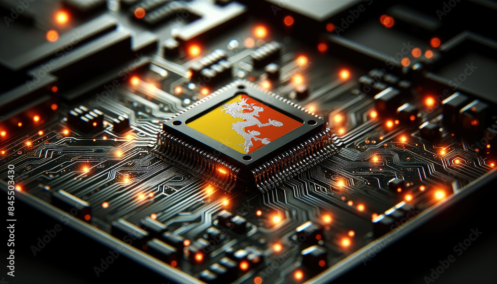 A microchip with the Bhutan flag embedded on a circuit board, symbolizing Bhutan technological innovation and advancement A microchip with the Bhutan flag embedded on a circuit board, symbolizing Bhutan technological innovation and advancement