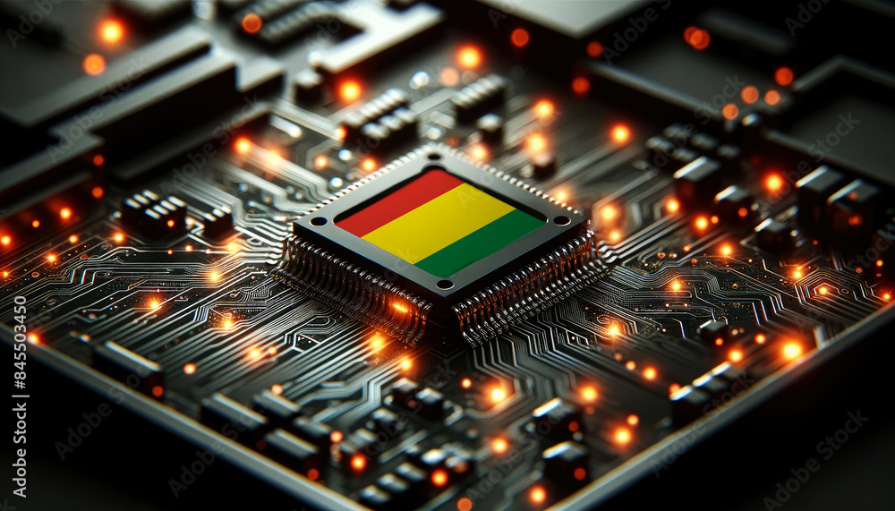 A microchip with the Bolivia flag embedded on a circuit board, symbolizing Bolivia technological innovation and advancement A microchip with the Bolivia flag embedded on a circuit board, symbolizing Bolivia technological innovation and advancement